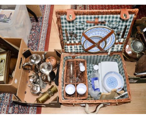 A picnic hamper and contents; together with a four piece EPNS coffee set, miners lamp, cigarette case, evening bag and turned