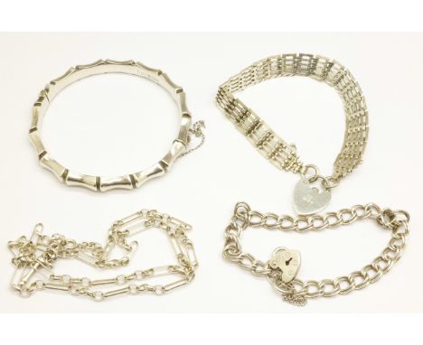 Two silver bracelets, bangle and chain, 44g 