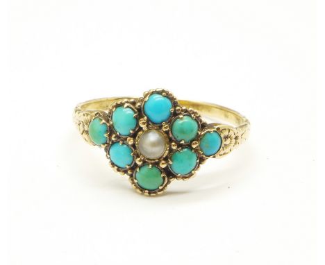 A yellow metal, pearl and turquoise ring, 1.6g, N 