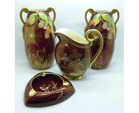 A pair of Carlton Ware Rouge Royale vases decorated with spider webs, a jug and ashtray 