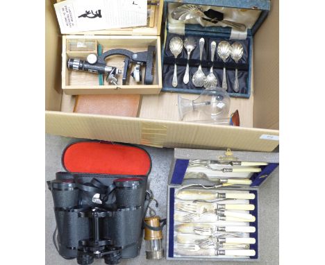 A pair of Boots Pacer 10 x 50 binoculars, a student's microscope, cased, etc. 