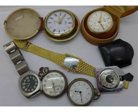 A collection of watches and clocks including a Looping 8 days travel alarm clock 