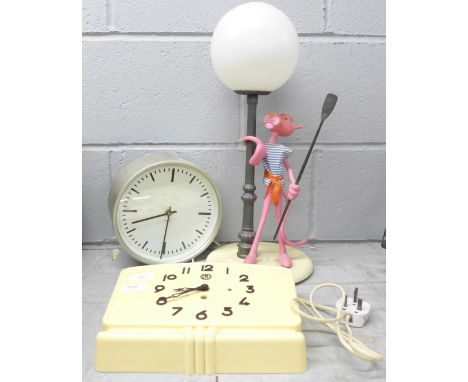 A SMI French plastic clock, a GPO clock and a Pink Panther table lamp&nbsp;**PLEASE NOTE THIS LOT IS NOT ELIGIBLE FOR POSTING