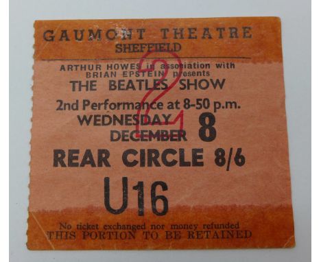 The Beatles rare original ticket for Beatles Show at Gaumont, Sheffield, December 8th 