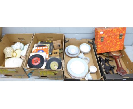 A set of Libra kitchen scales, a wall mounted barometer, two matchstick models of a cart and church, a musical box, LP record