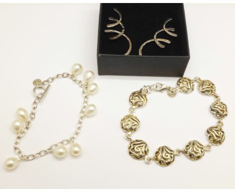Two silver bracelets including one pearl set, etc. 