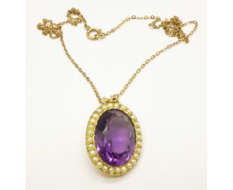 A 9ct gold chain and an amethyst and pearl set pendant, total weight 7.4g 