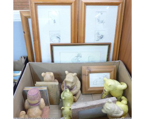 Winnie the Pooh collectables, two bookends, wooden and ceramic figures and framed pictures 