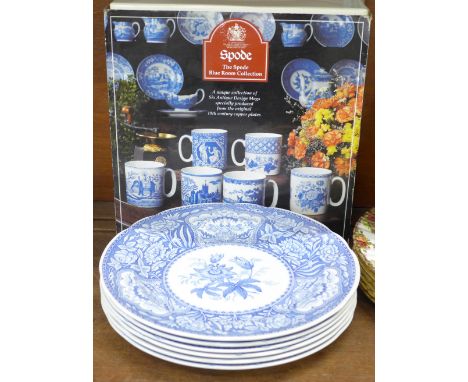 The Spode Blue Room Collection, six mugs, boxed, and six dinner plates 