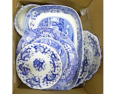 An early 20th Century teaset, blue and white, Dragon pattern, a Spode blue and white tray and two dinner plates&nbsp;**PLEASE