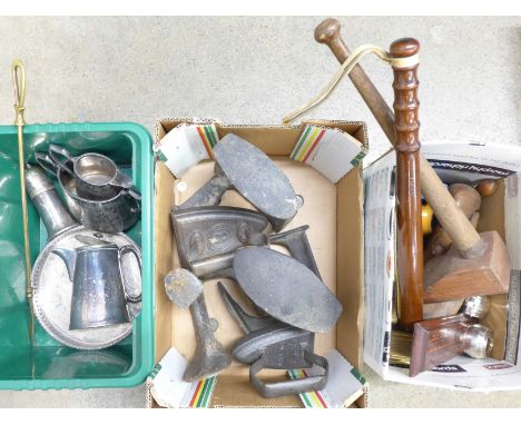 Three boxes of wooden items and metalwares including three shoe lasts, cribbage board, shoe trees, Notts Constabulary trunche