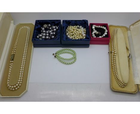 Faux pearl necklaces, some with silver clasps 