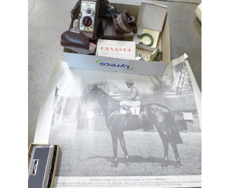 Assorted items including a Bell &amp; Howell 8mm camera, a pair of folding leather mounted coloured glass goggles, a Manilla 