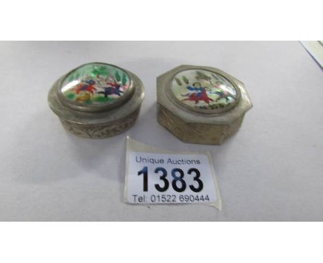 2 vintage hand painted pill boxes, one with mirror to lid depicting horse riders