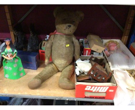 Vintage teddy bear, roller skates, doll and dolls furniture, plus toy cars