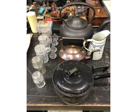 Large cast iron teapot, together with an enamel saucepan and jug, copper kettle, flat iron, glass jars and stoppers