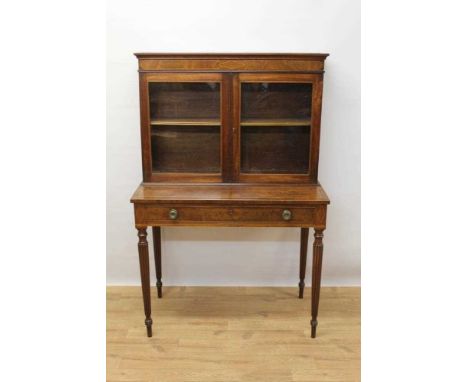 Good quality 19th century Sheraton revival vitrine cabinet on stand, the twin glazed doors enclosing a single shelf, with fit