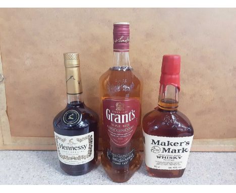Bottle of Grant's blended scotch whisky 1 litre, bottle of Hennessy Cognac 70cl and bottle of Maker's Mark Kentucky Straight 