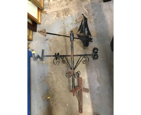 Old metal weather vane with sailing boat surmount, approximately 106cm x 68cm
