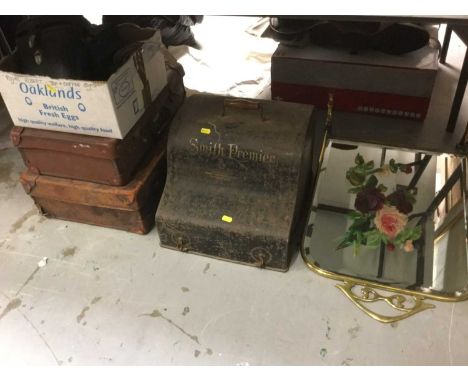 Smiths Premier typewriter, mirrored fire screen, two vintage cases and various cameras