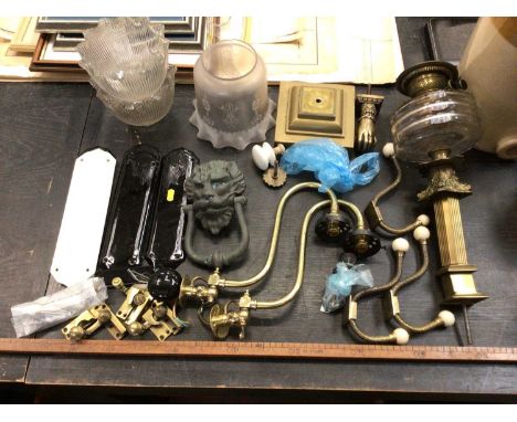 Quantity of architectural fittings, including brass door knockers, light fittings, hooks, latches, etc