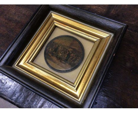 Framed 19th century lacquered snuff box lid, painted with a scene of Billingsgate, together with a quantity of pictures and p