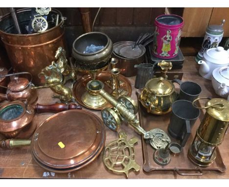 Two copper warming pans, copper kettles, brass miners lamp and other copper, brass and metalware