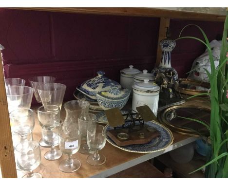 Dutch tin glazed vase lamp, antique glass wines, postal scales and sundries