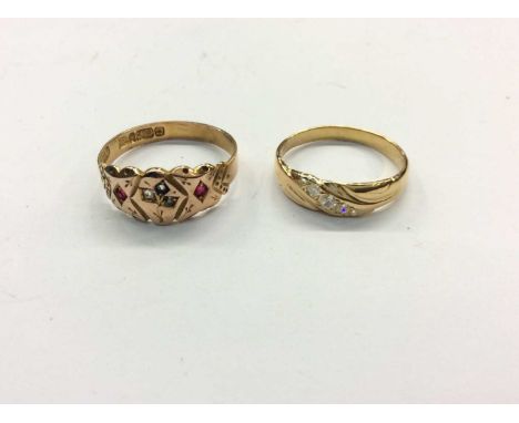 Victorian 9ct gold diamond and ruby set ring, size P, together with yellow metal gem set ring, size M (2)Condition report: 9c