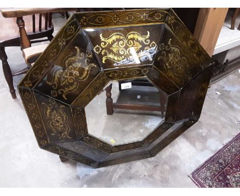 Stylish octagonal bevelled wall mirror in verre eglomise frame, together with a brass standard lamp and two shades