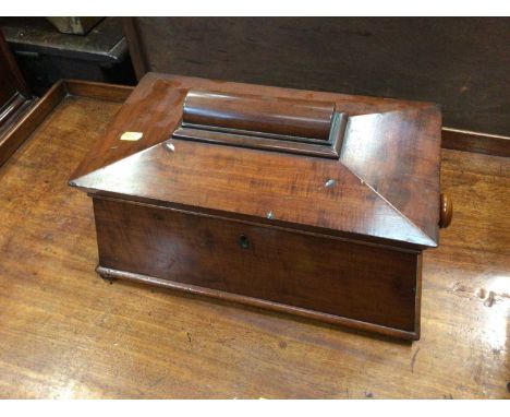 19th century mahogany tea caddy of sarcophagus form, two-division interior