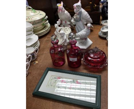 Pair Victorian ruby glass flasks and decorative items