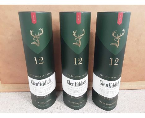 Three bottles of Glenfiddich The Original Twelve 70cl single malt scotch whisky, in original boxes