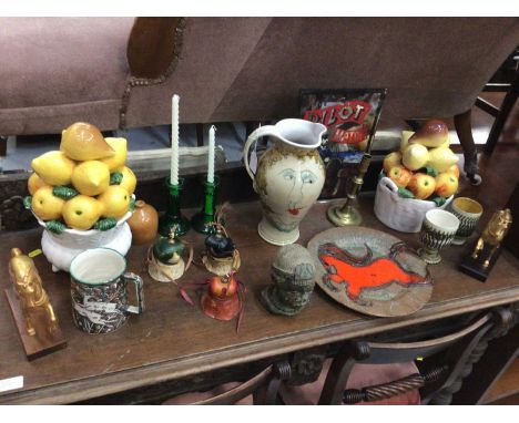 Sundry decorative items, including Limoges part-dessert service, abstract face-painted jug, BOAC souvenir mug, Georgian brass