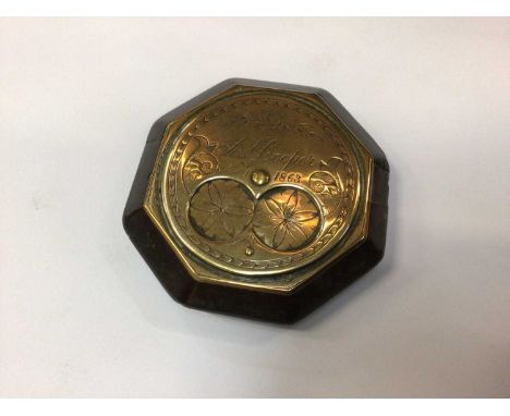 Unusual Victorian snuff box, made of wood and of hexagonal form, the brass front plate engraved Josh Cooper Nov 7th 1863 with