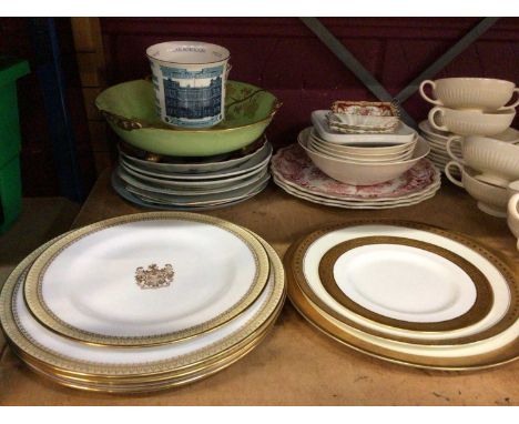 Spode and Wedgwood plates and soup bowls, continental figurines, Royal Brierley Art Glass and sundry china