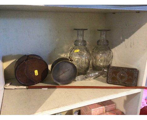 Cooke &amp; Sons brass barometer in case, bone handled swagger stick, a Queen Mary gift tin and a pair of Edwardian decanters