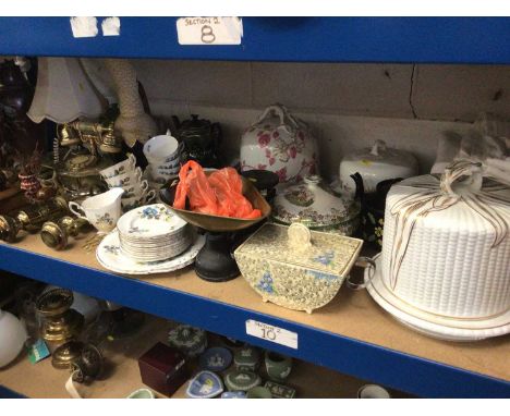 Sundry items, including ceramic cheese domes and tea wares, brass GWR lamps, onyx items, scales, etc