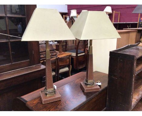 Good quality light oak and leather table lamp, together with a pair of leather and brass table lamps (3)