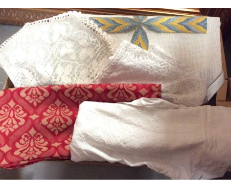 Pale pink quilted bed cover, a selection of part embroidered panels, Irish crochet tea cosy, Broderie Anglaise and Bobbin lac