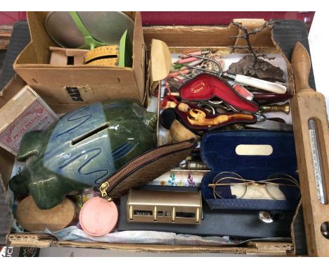 Box of miscellaneous items including pair old spectacles, small pipe in case, Salter scales, pottery piggy bank, vintage Koda