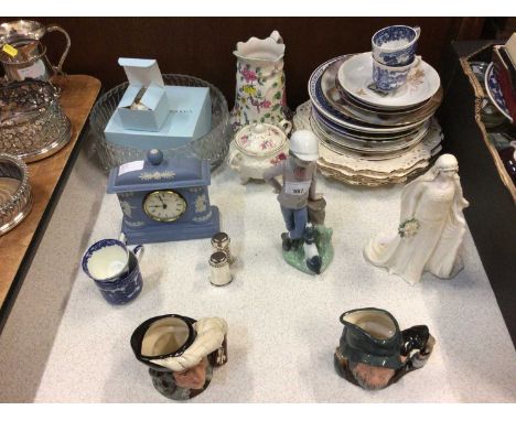 Quantity of china, including a Coalport figure of Queen Elizabeth, a NAO figure, a Wedgwood Jasper ware clock, etc