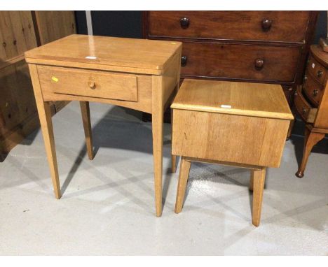 Singer electric sewing machine in light oak cabinet and a similar needle work box with contents