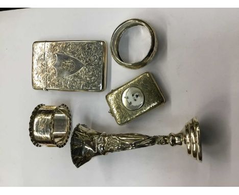 Edwardian silver card case, Edwardian plated vesta case with enamel dog, silver spill vase and two silver napkin rings