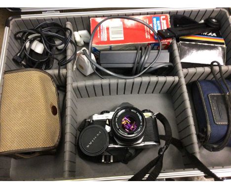 Pentax ME Super camera with 1:2 50 mm lens and other cameras including case and accessories