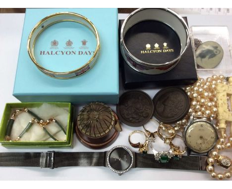 Two Halcyon Days enamel bangles in boxes, various items of costume jewellery, watches and bijouterie