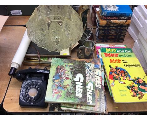 Giles Cartoon books, Asterix books, novels, telephone, light shade, lady table lamp and pictures