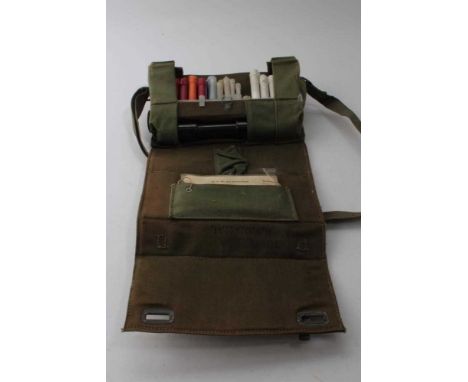 British military vapour detector kit in canvas webbing bag with strap, the interior marked with broad arrow mark and K.V. D.,