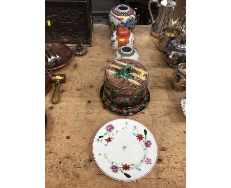 Three Chinese ginger jars, Prestonpans majolica cheese dome and stand, and a Royal Worcester dish