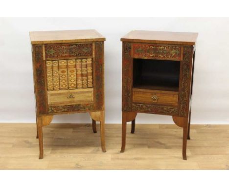 Pair of rosewood and boulle work side tables, one with book spine front, shelves to open side, the other with open shelf and 